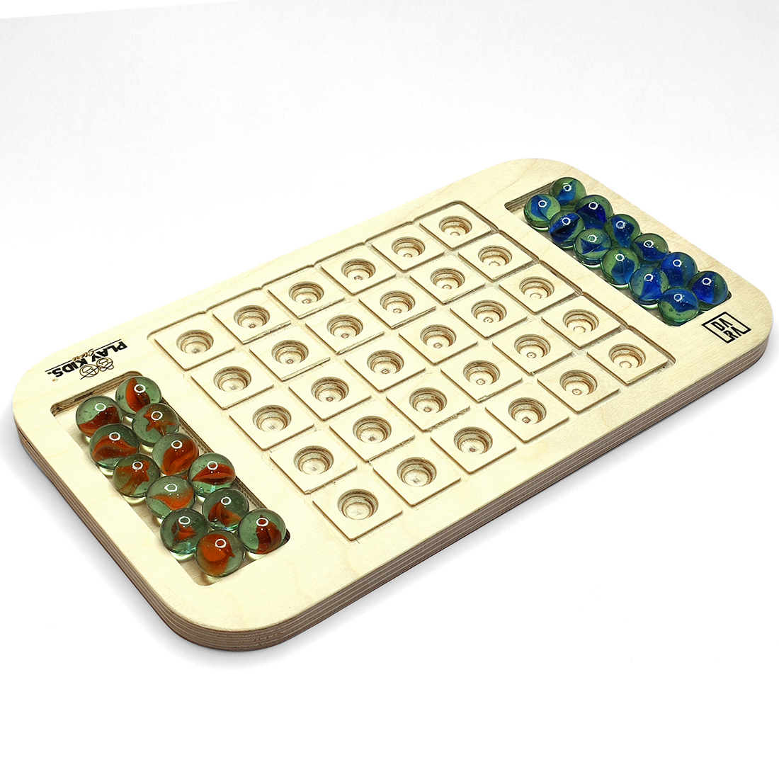 DARA Wooden Marble Board Game, Traditional Strategy Game with Glass Marbles, 30 Slots